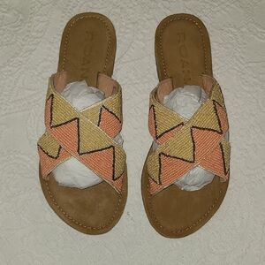 ROAN. LEATHER Bohemian Tan and Orange Sandals with Geometric Straps NWOT